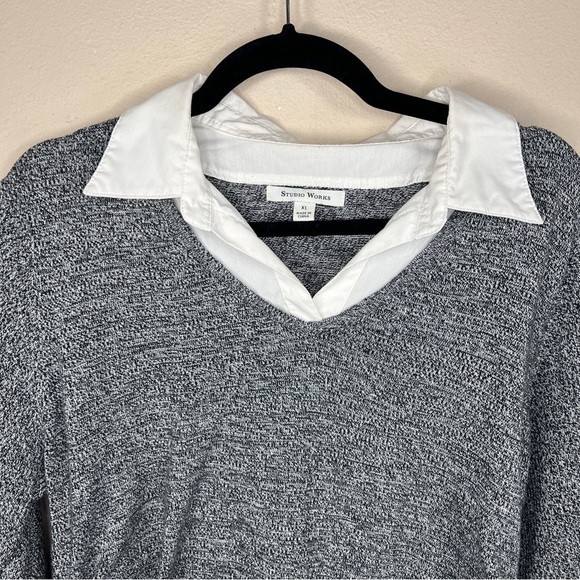 XL STUDIO WORKS GREY WHITE COLLAR ACCENT SWEATER FITTED STRETCH PREPPY ACADEMIA - Picture 2 of 9